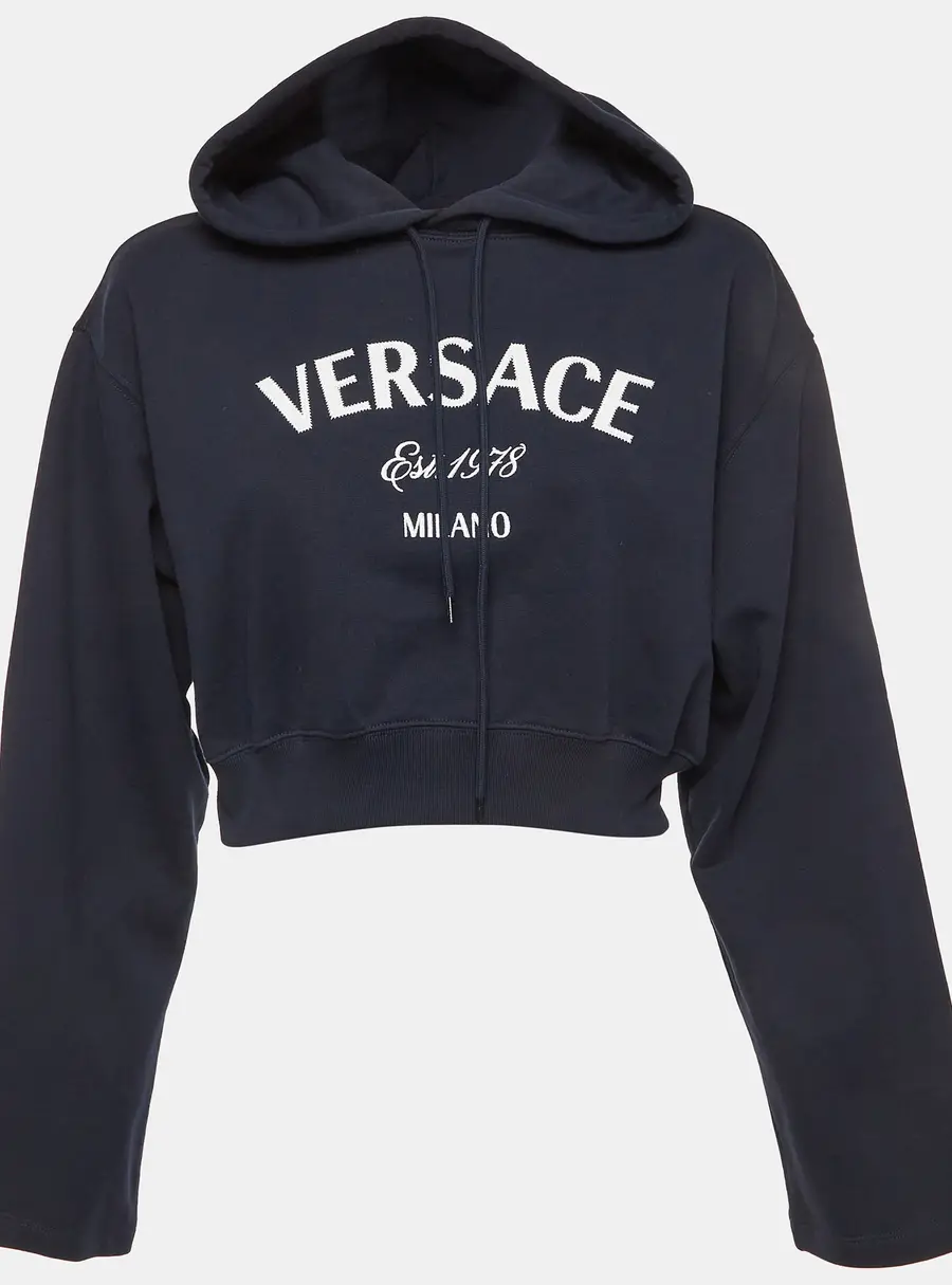 Versace Navy Blue Logo Embroidered Cotton Knit Cropped Hoodie XS
