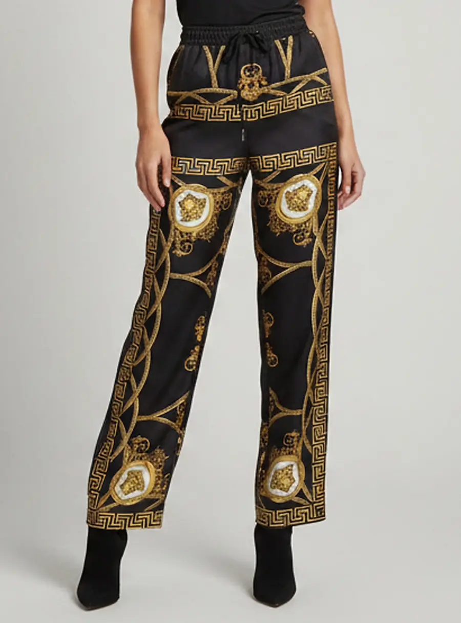 Versace Black Baroque Print Silk Wide Leg Cope De Deaux Pants S