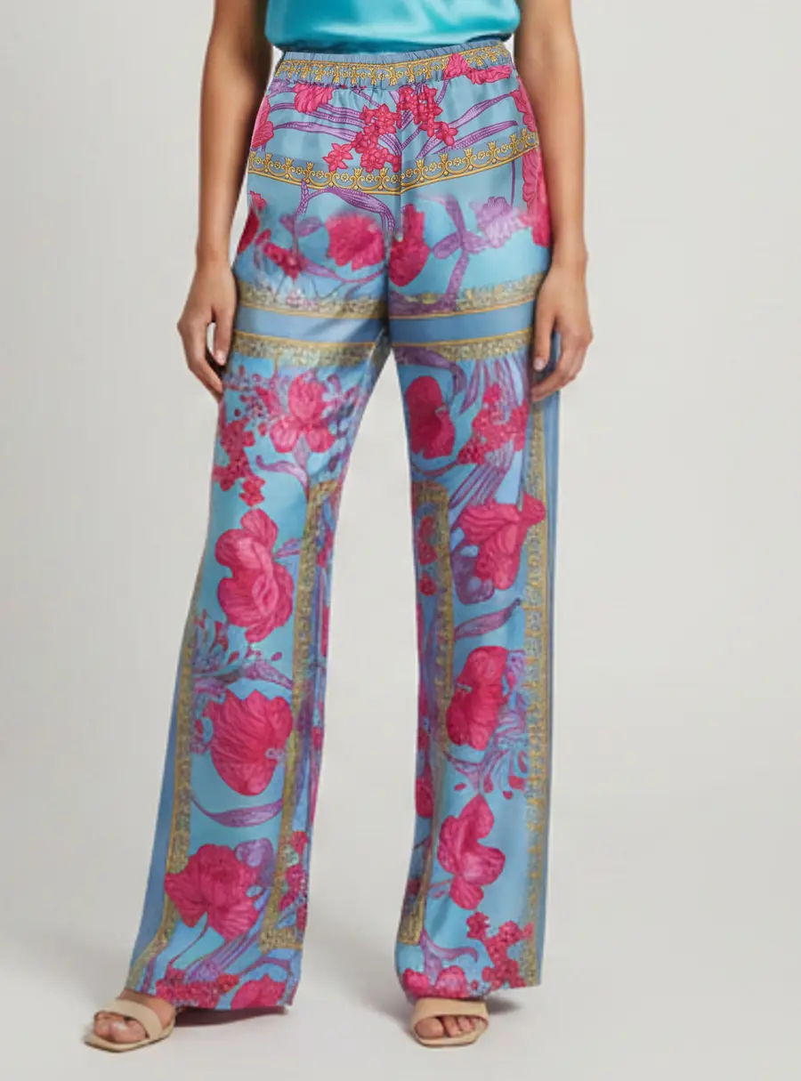 Versace Blue Floral Print Silk Wide Leg Pants S