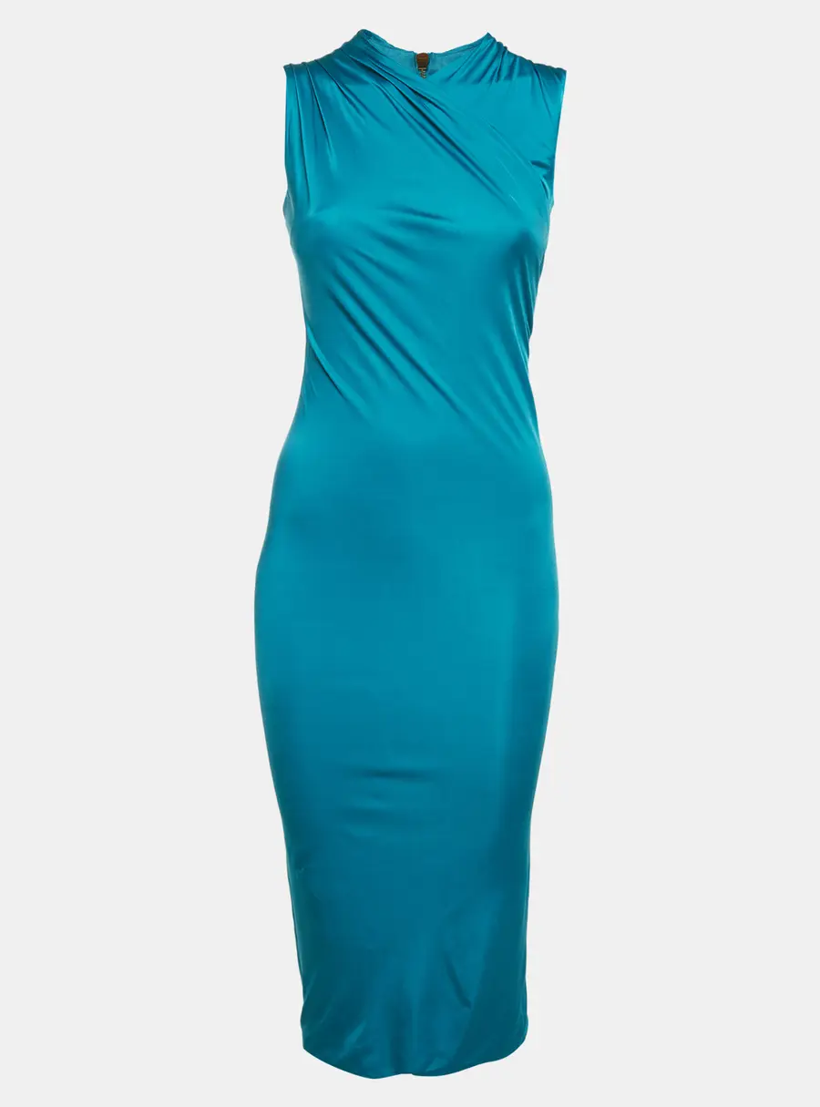Versace Blue Stretch Satin Ruched Sleeveless Dress XS