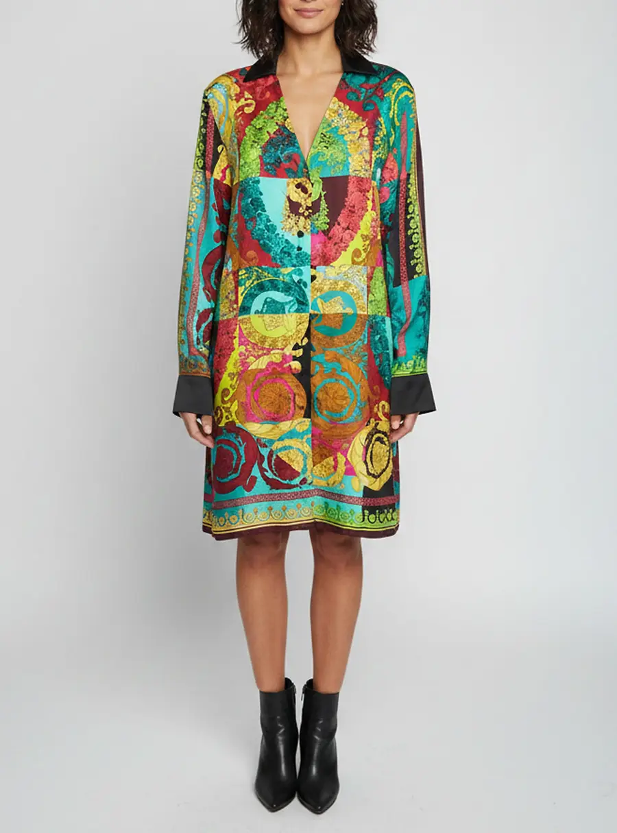 Versace Multicolor Voyage Barocco Print Silk Shirt Dress L
