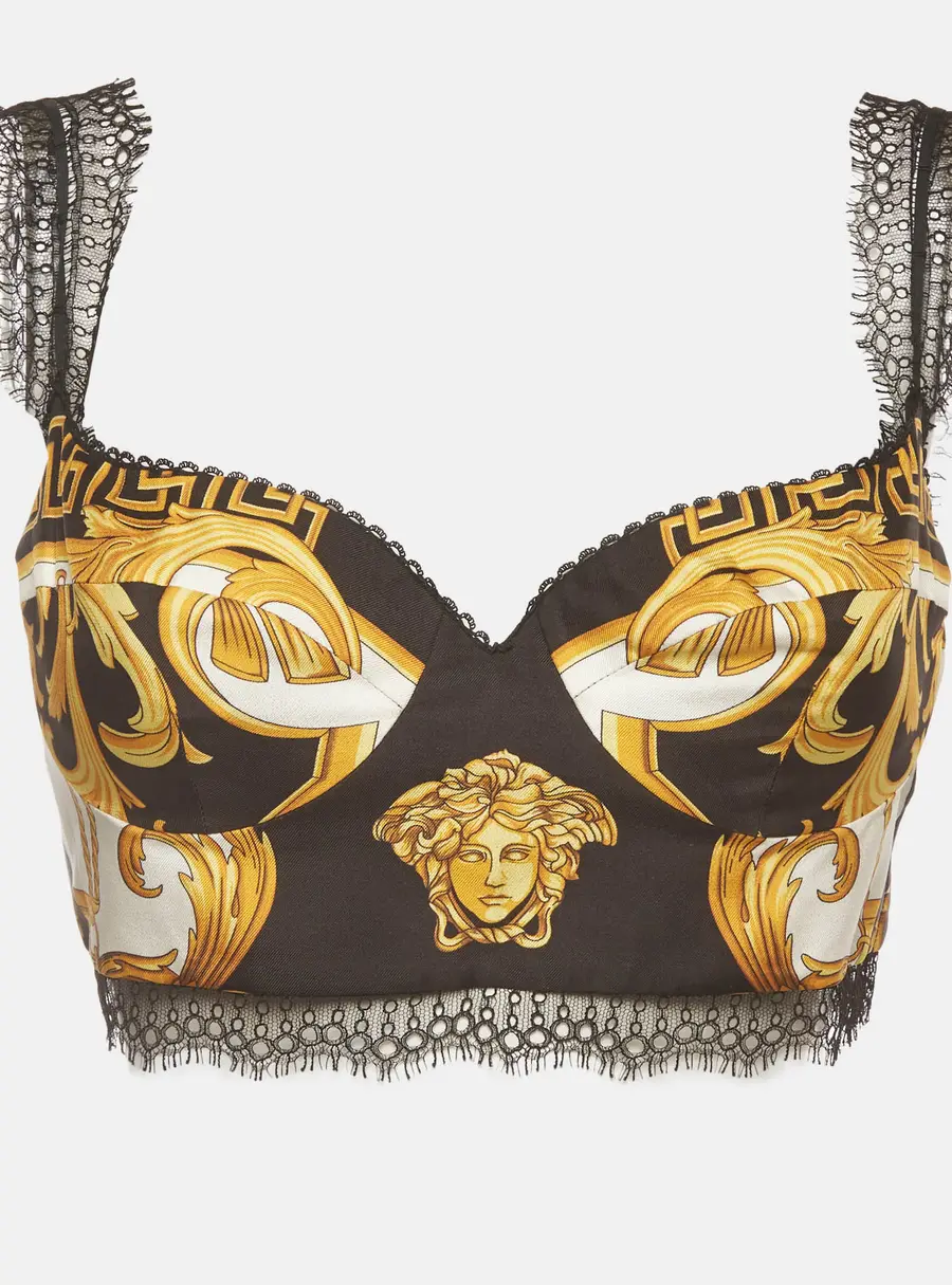 Versace Black/Yellow Medusa Baroque Print Silk and Lace Bralette M