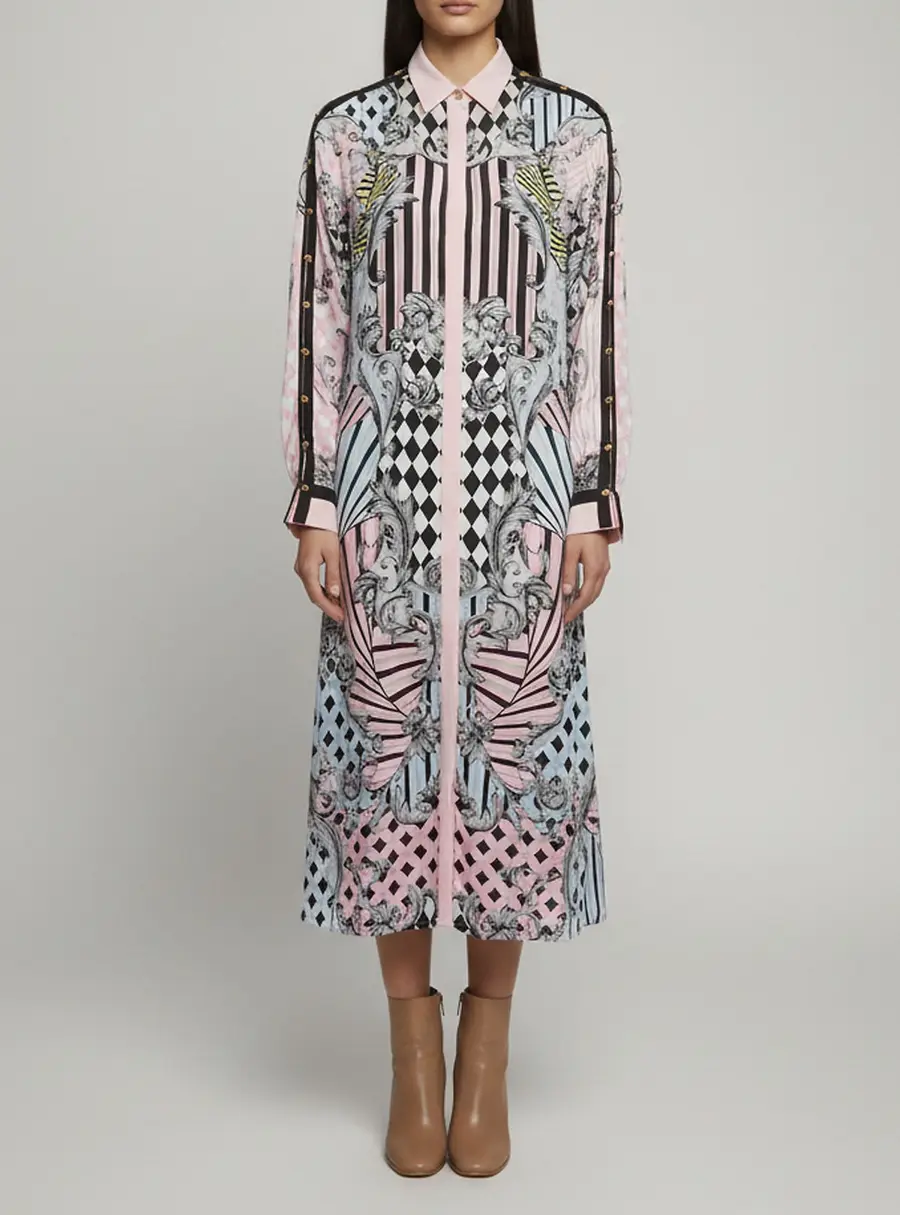 Versace Multicolor Jacquard Long Sleeve Sheer Midi Dress M