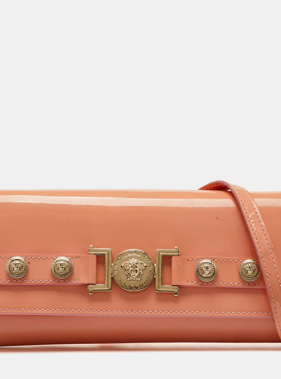 Versace Coral Pink Patent Leather Medusa Flap Continental Wallet On Strap