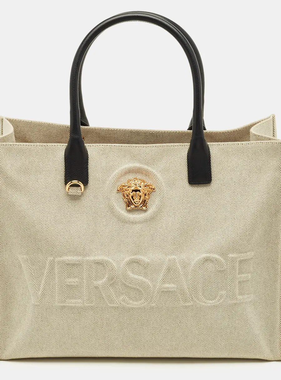Versace La Medusa Beige/Black Canvas Tote
