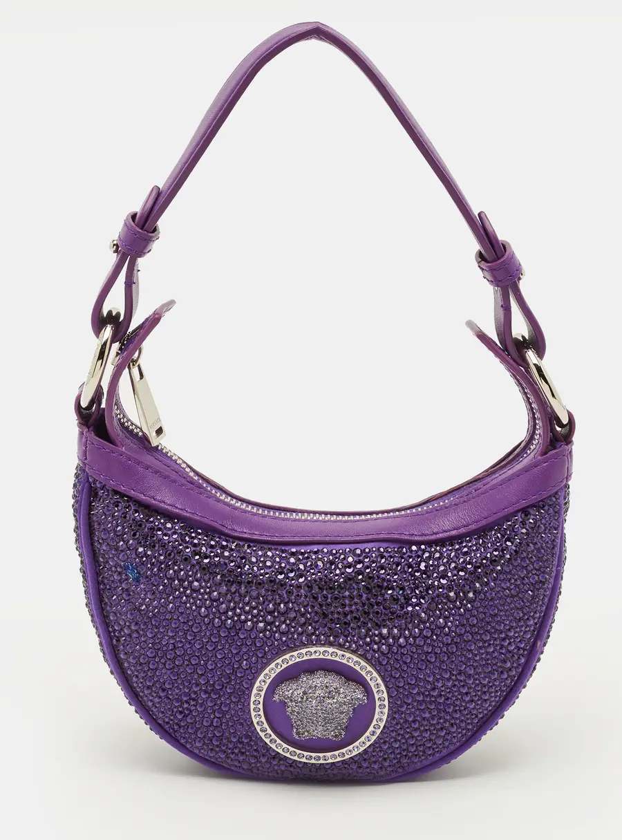 Versace Repeat Crystal Studded Mini Purple Satin Hobo