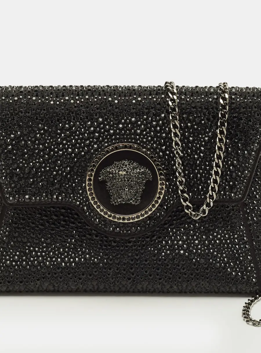Versace La Medusa Crystals Black Satin Chain Clutch
