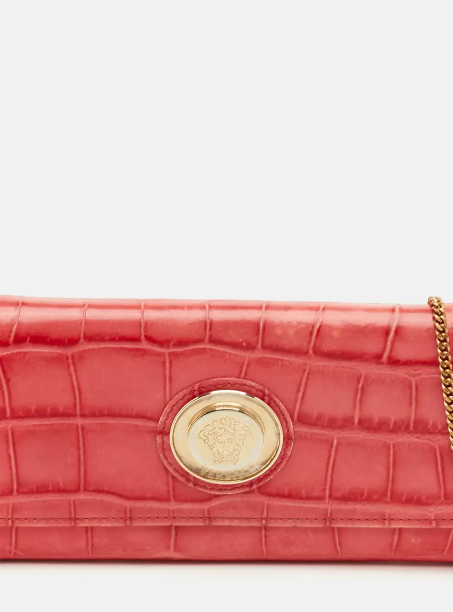 Versace La Medusa Medium Red Croc Embossed Leather Wallet On Chain