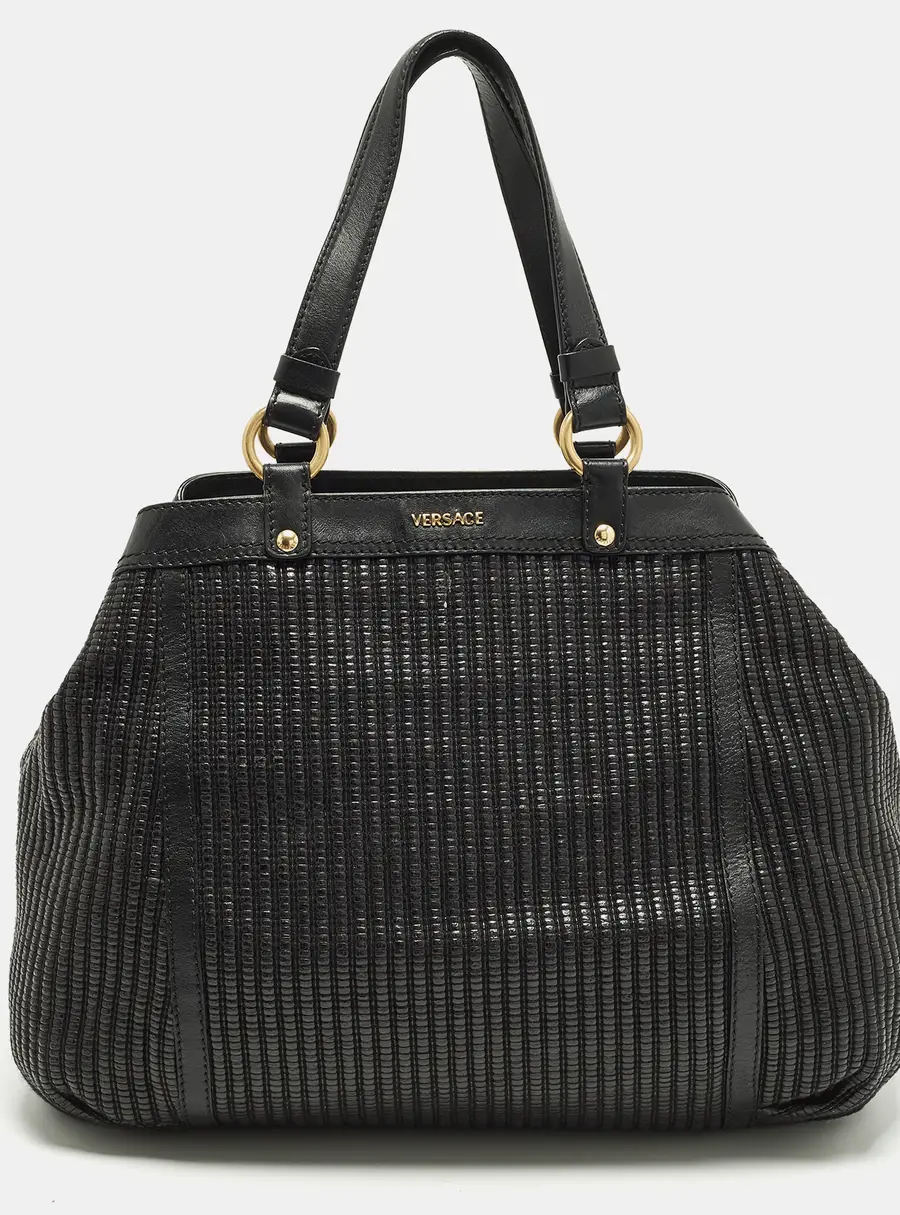 Versace Stripe Black Leather and Raffia Trim Tote