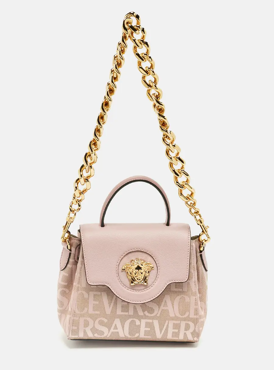 Versace Lilac Jacquard Canvas and Leather Small La Medusa Top Handle Bag