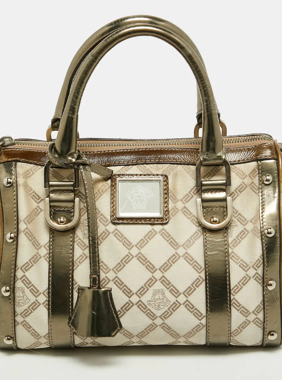 Versace Snap Out Of It Small Beige/Metallic Fabric and Patent Leather Satchel
