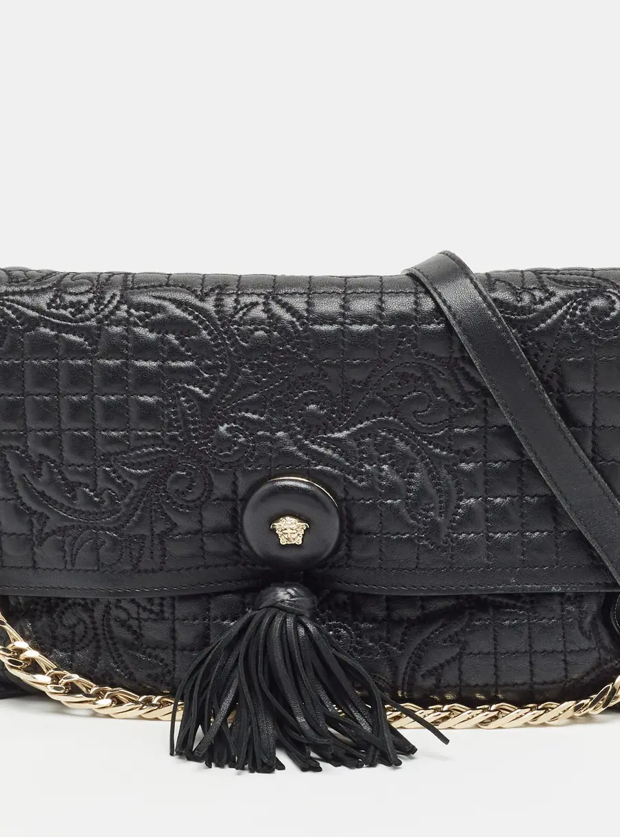 Versace Medusa Tassel Black Quilted Embroidered Leather Flap Shoulder Bag