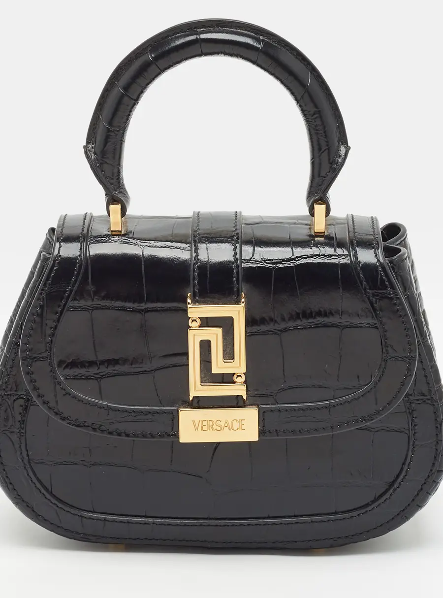 Versace Greca Goddess Black Croc Embossed Leather Top Handle Bag