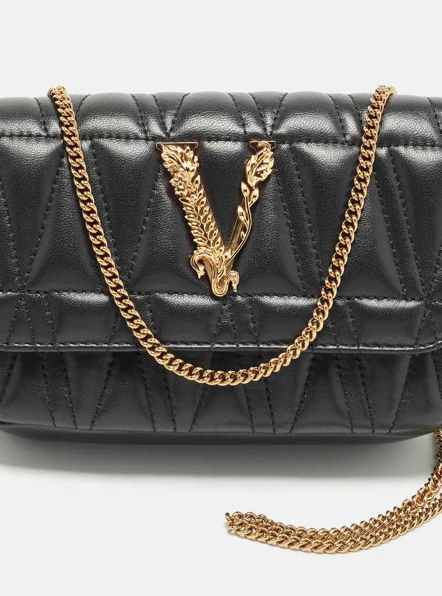 Versace Virtus Black Quilt Leather Chain Crossbody Bag