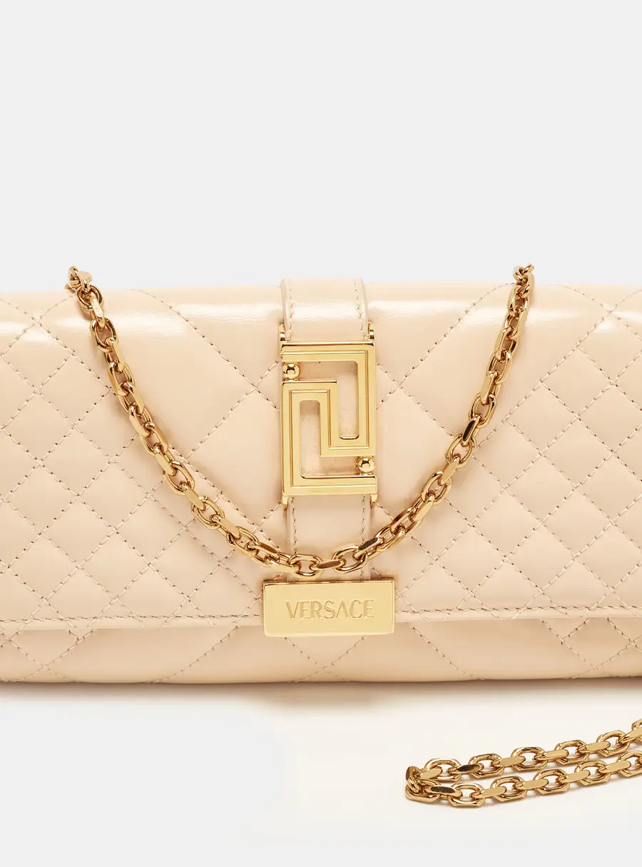 Versace Greca Goddess Beige Quilted Leather Wallet On Chain
