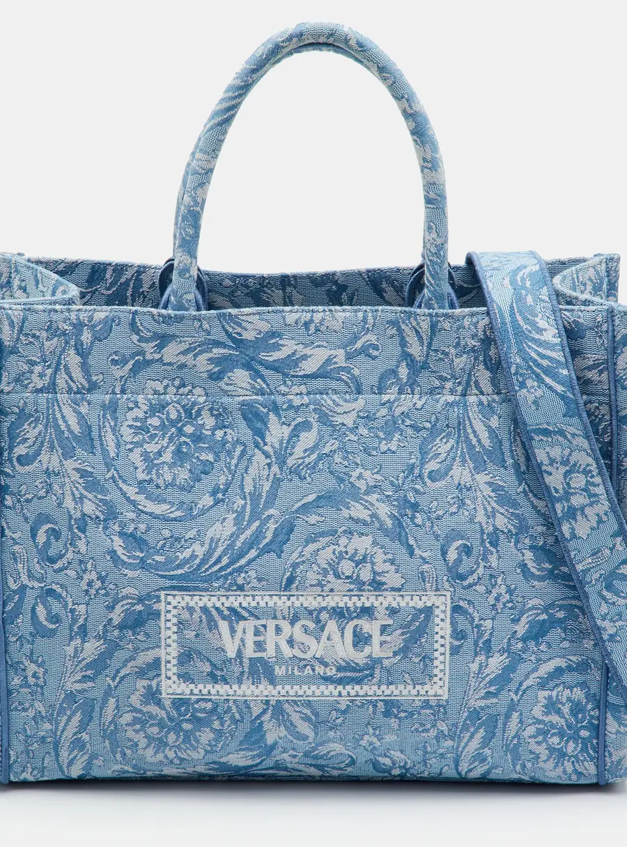 Versace Barocco Athena Large Blue/White Jacquard Canvas Tote