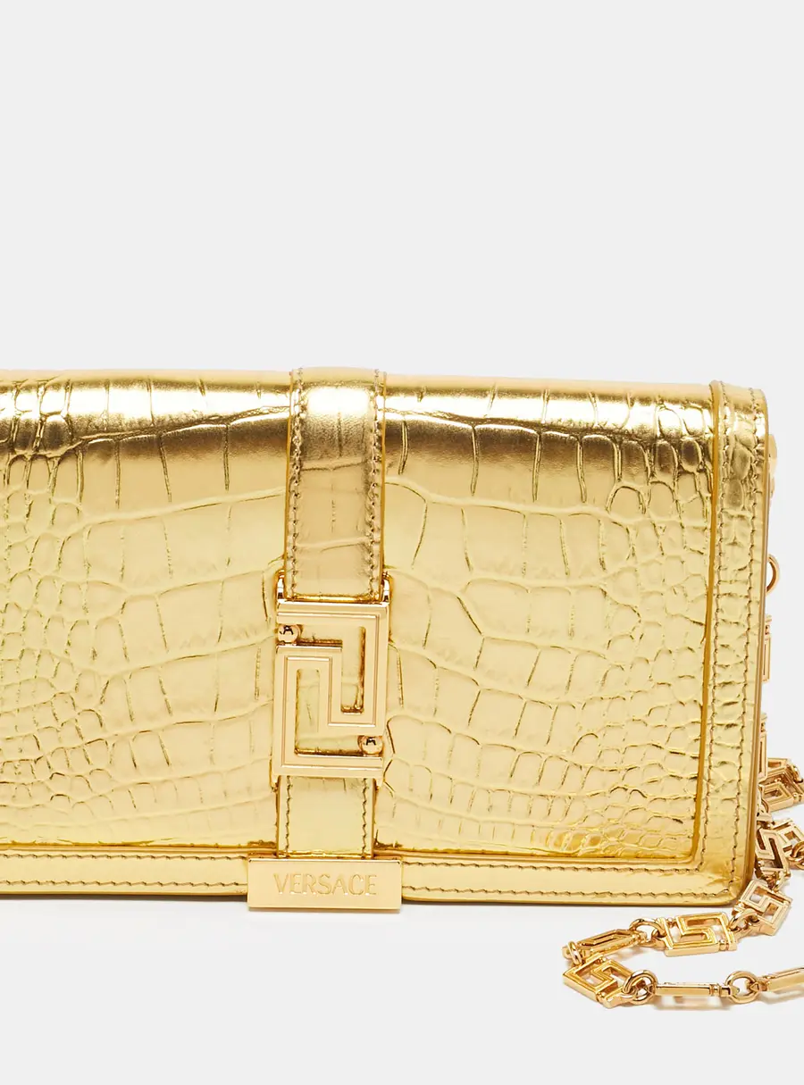 Versace Greca Goddess Mini Gold Croc Embossed Leather Chain Clutch