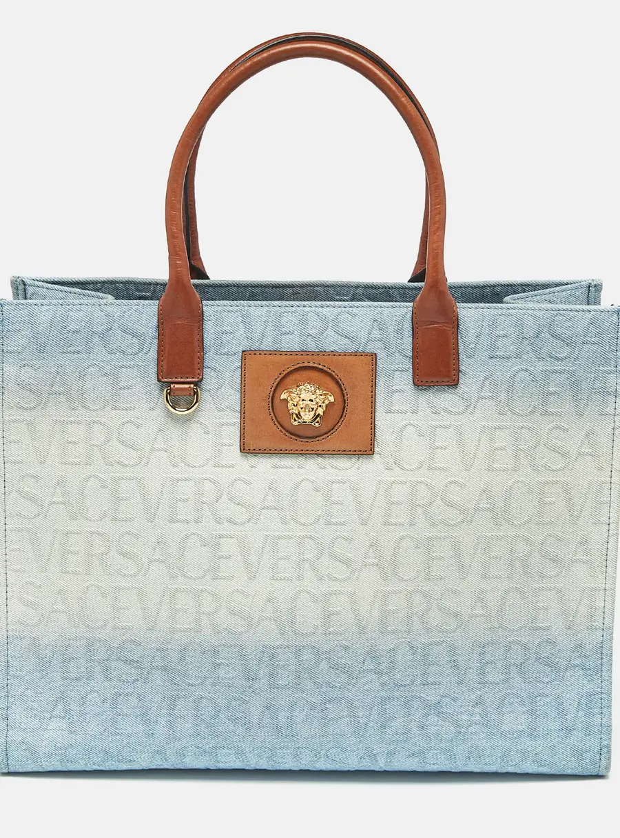 Versace La Medusa Blue Ombre Denim and Leather Tote