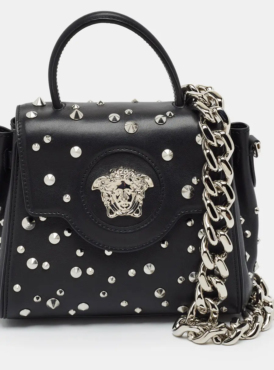 Versace La Medusa Studded Black Leather Top Handle Bag