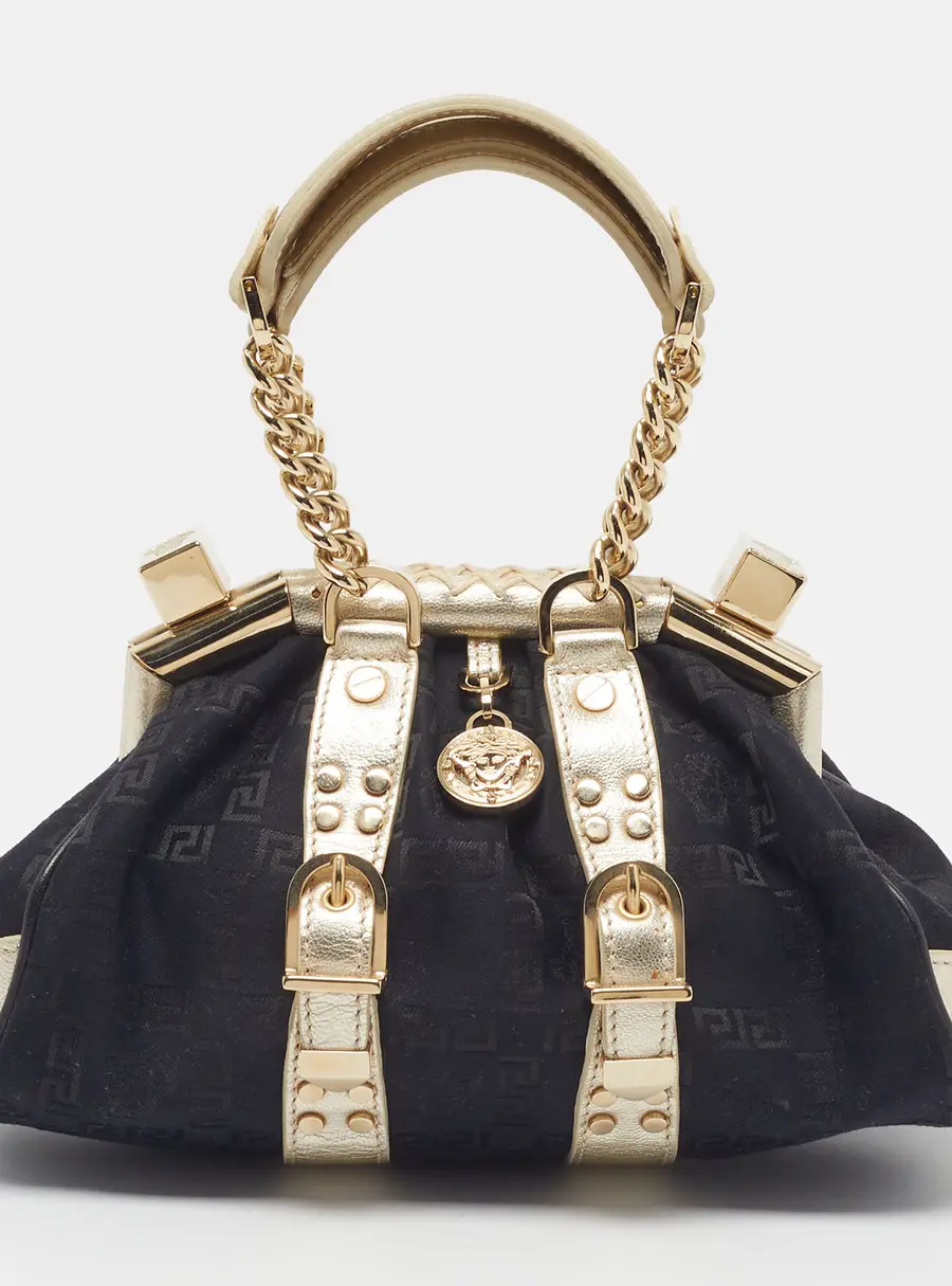 Versace Madonna Mini Black/Gold Jacquard Fabric and Leather Frame Satchel