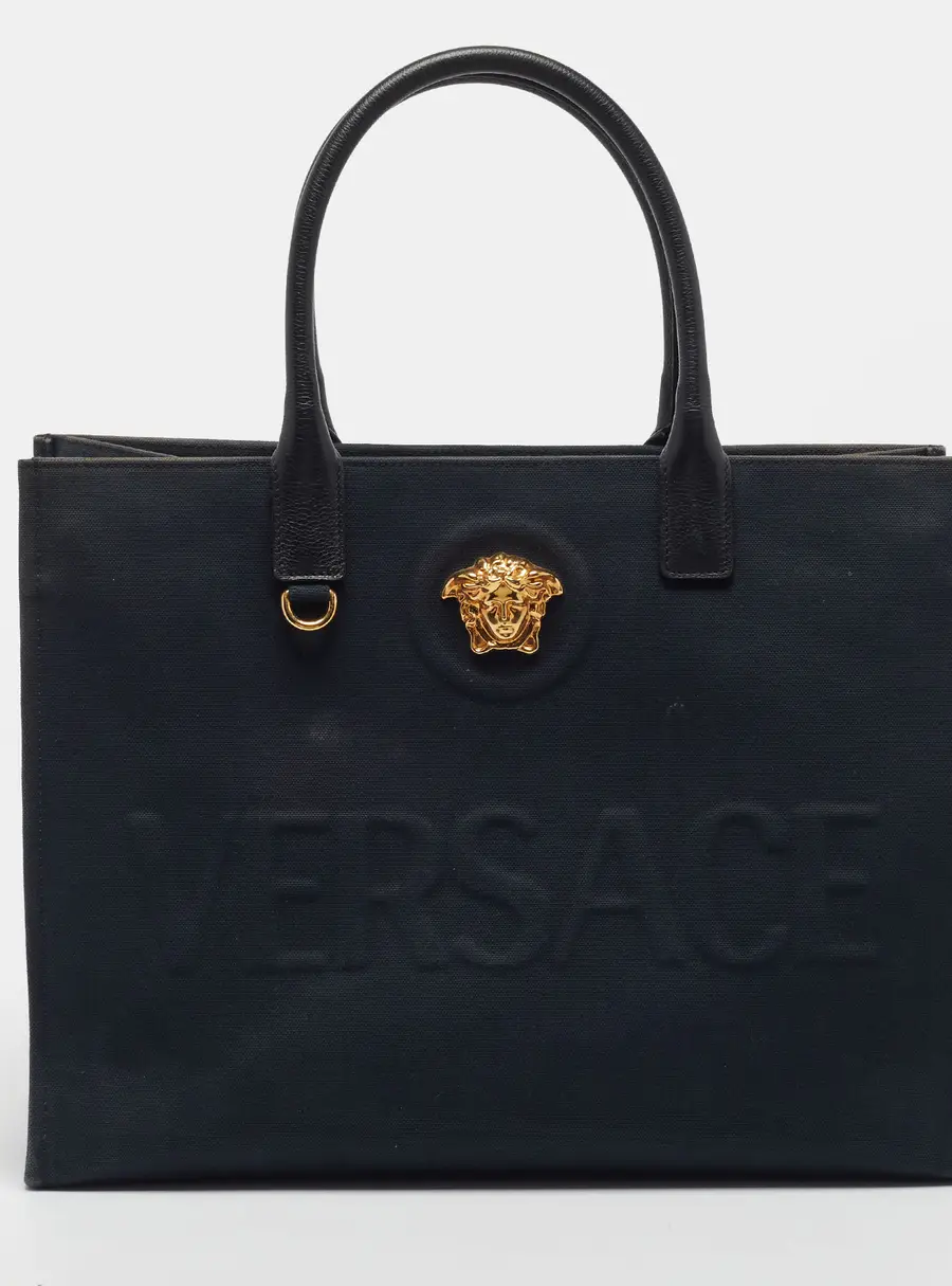 Versace La Medusa Large Black Canvas and Leather Tote