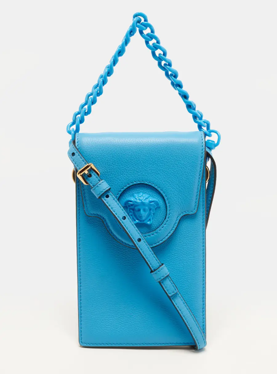 Versace La Medusa Chain Blue Leather Phone Crossbody Bag