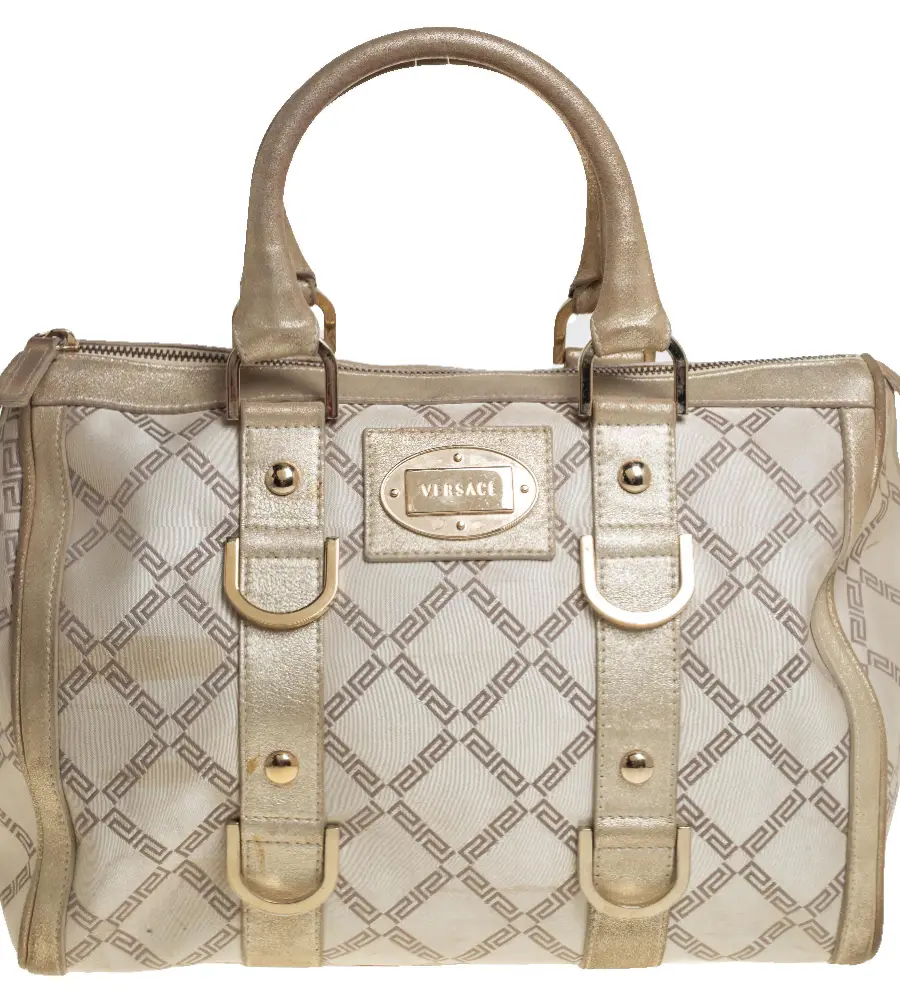 Versace Metallic Gold/Cream Signature Canvas and Leather Snap Out Of It Satchel