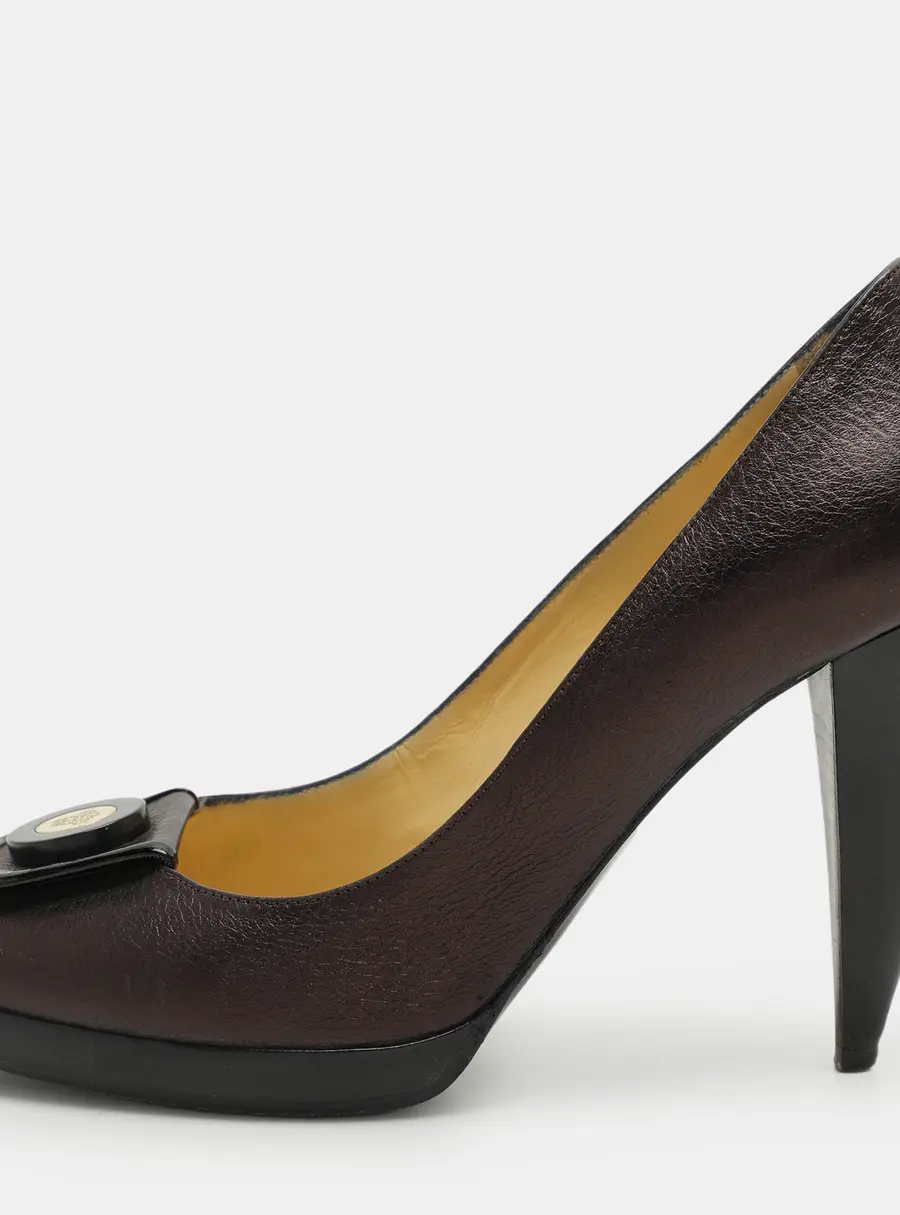 Versace Metallic Brown Leather Medusa Block Heel Pumps Size 37.5