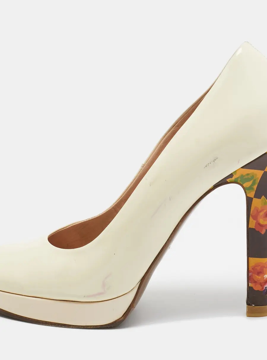 Versace Cream Patent Leather Floral Heel Platform Pumps Size 40