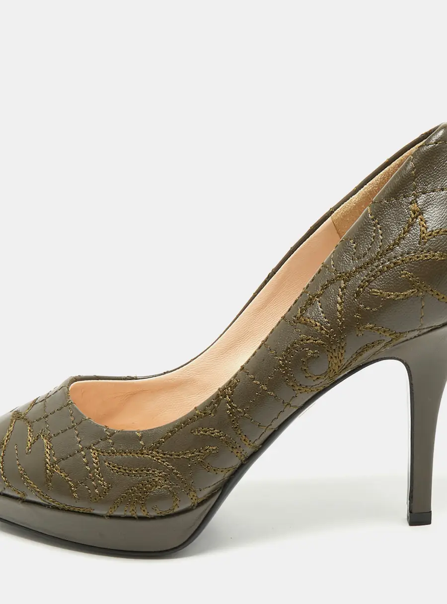 Versace Olive Brown Embroidered Leather Platform Pointed Toe Pumps Size 38