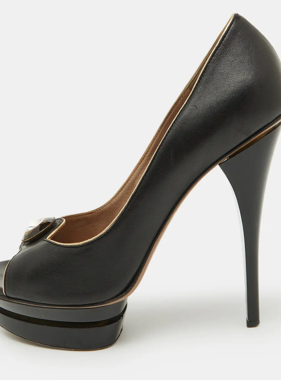 Versace Black Leather Crystal Peep Toe Platform Pumps Size 38.5