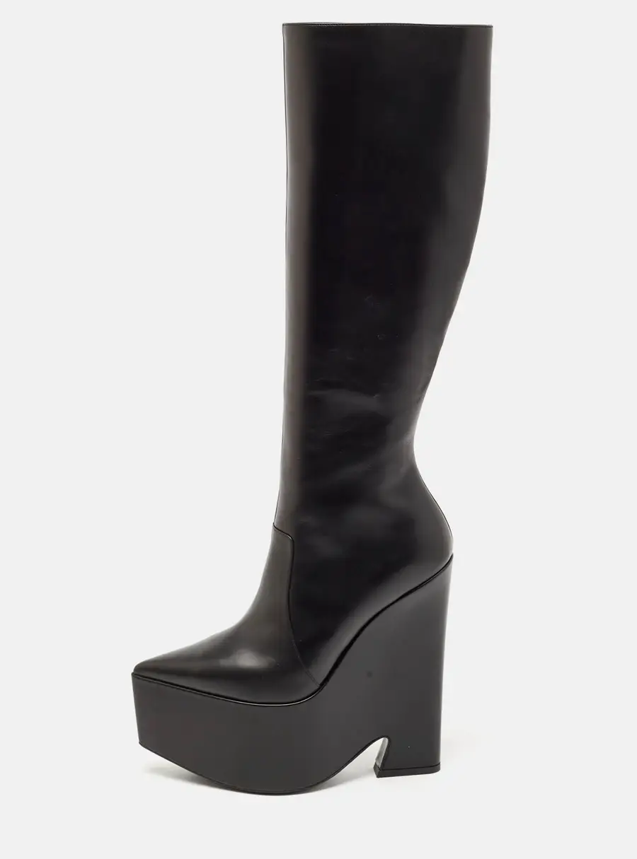 Versace Black Leather Platform Knee Length Boots Size 39