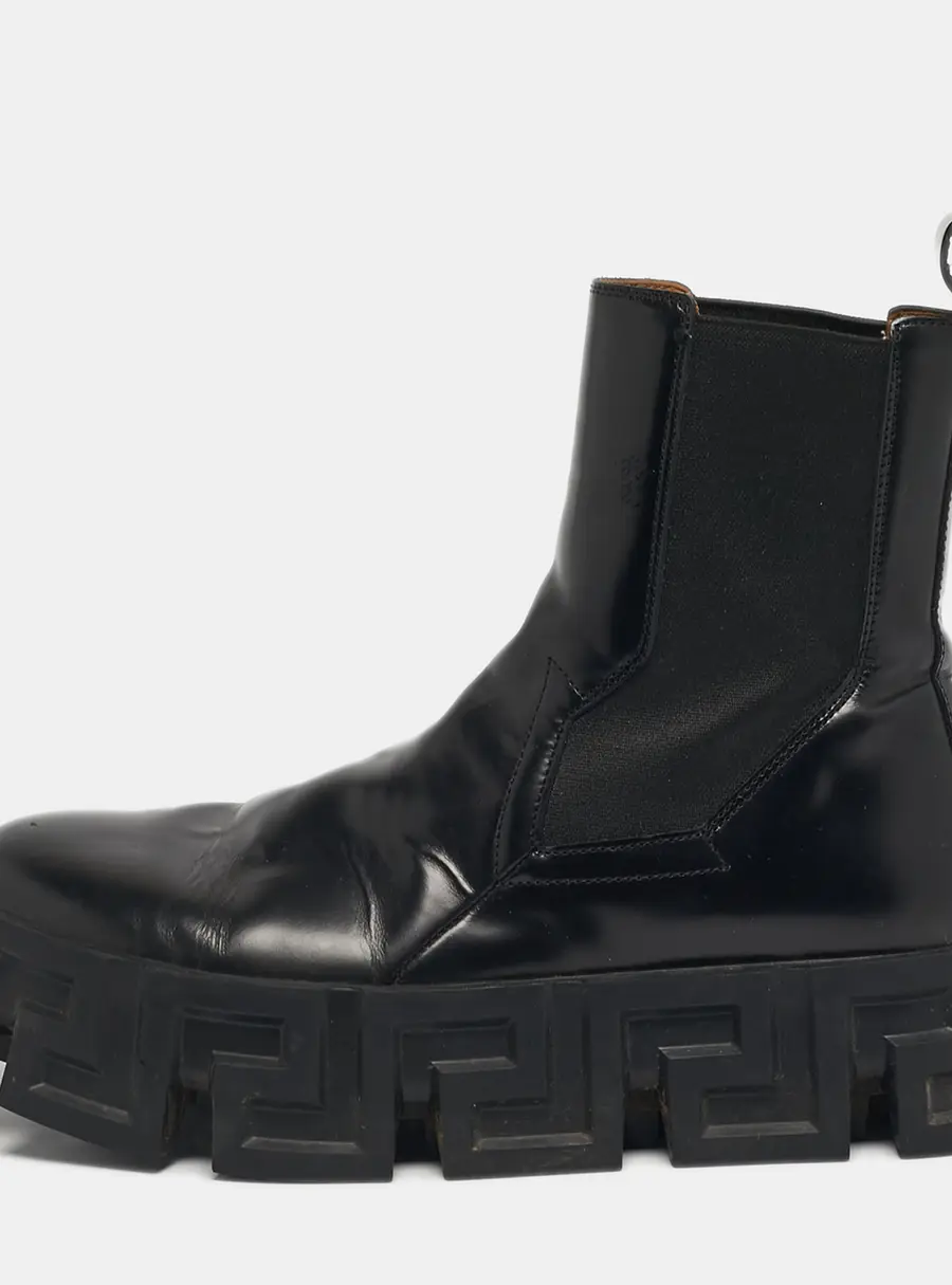 Versace Greca Size 38 Black Leather Ankle Length Boots