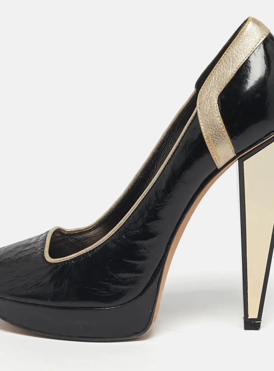 Versace Size 40 Black/Gold Leather Platform Peep Toe Platform Pumps