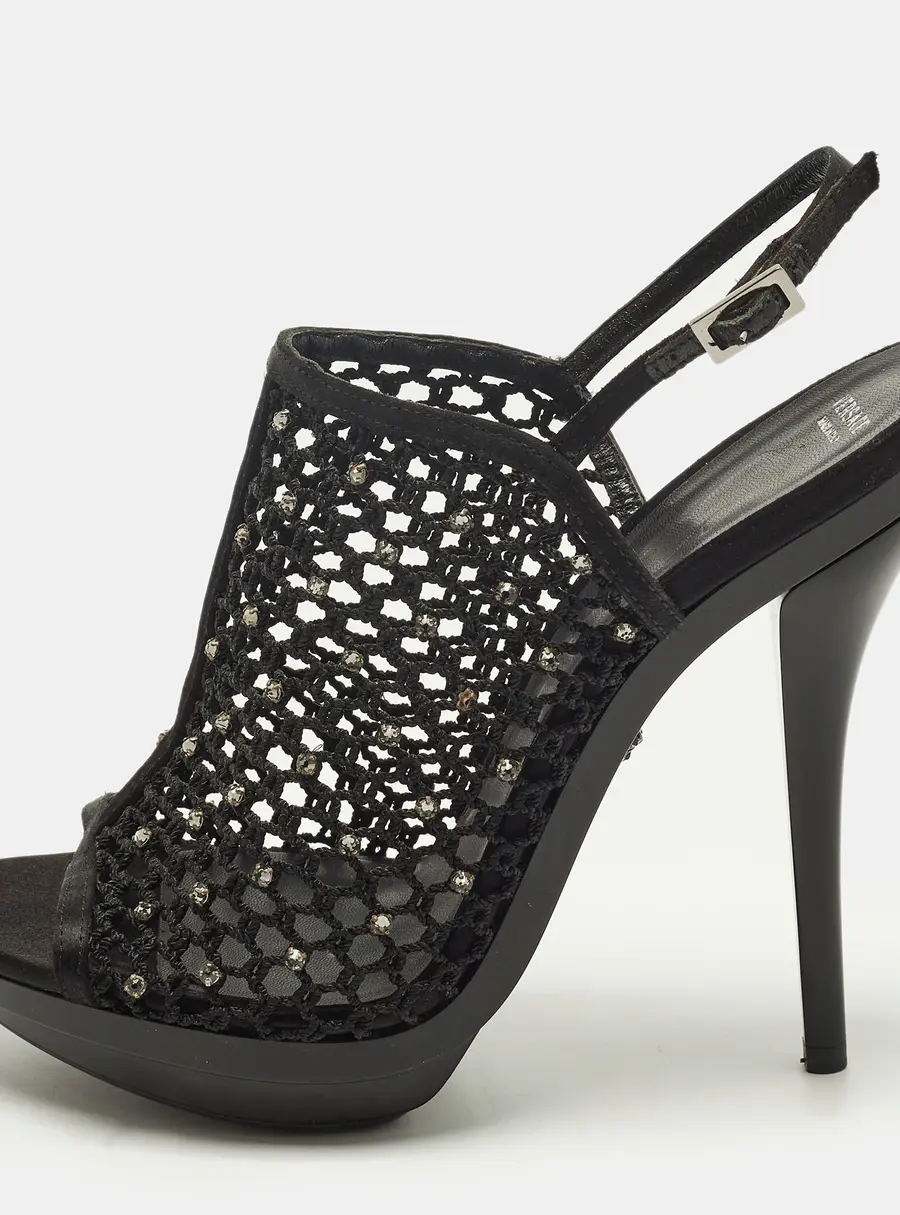 Versace Size 40 Black Mesh and Satin Rhinestone Embellished Open Toe Ankle Strap Sandals
