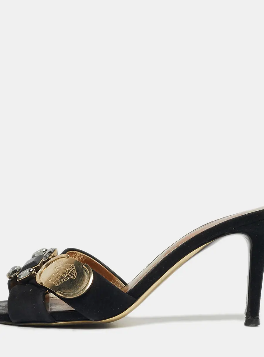 Versace Logo Size 37 Black Suede Crystal Embellished Criss-Cross Slide Sandals