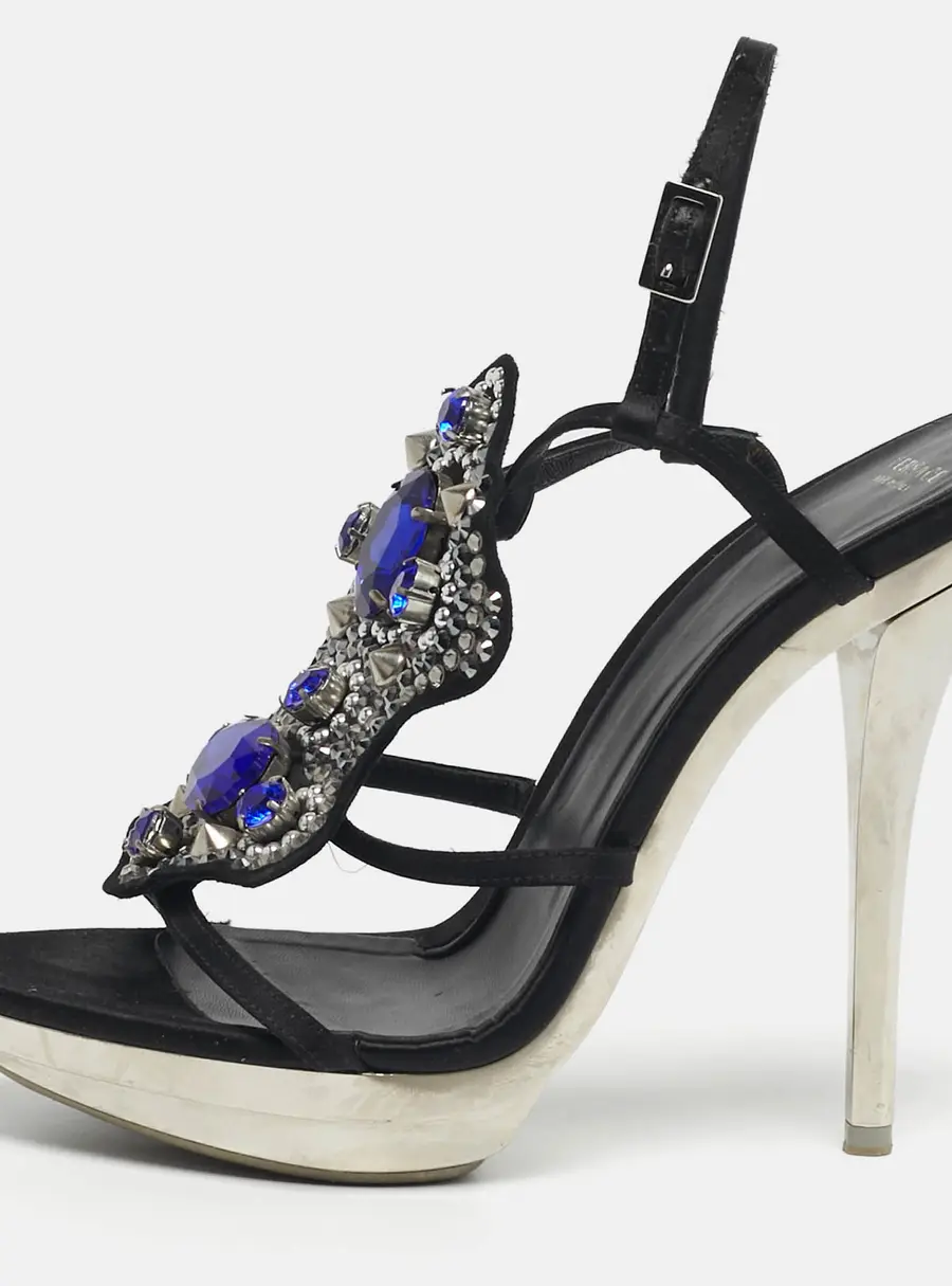 Versace Size 38 Black Satin Crystal Embellished Slingback Sandals