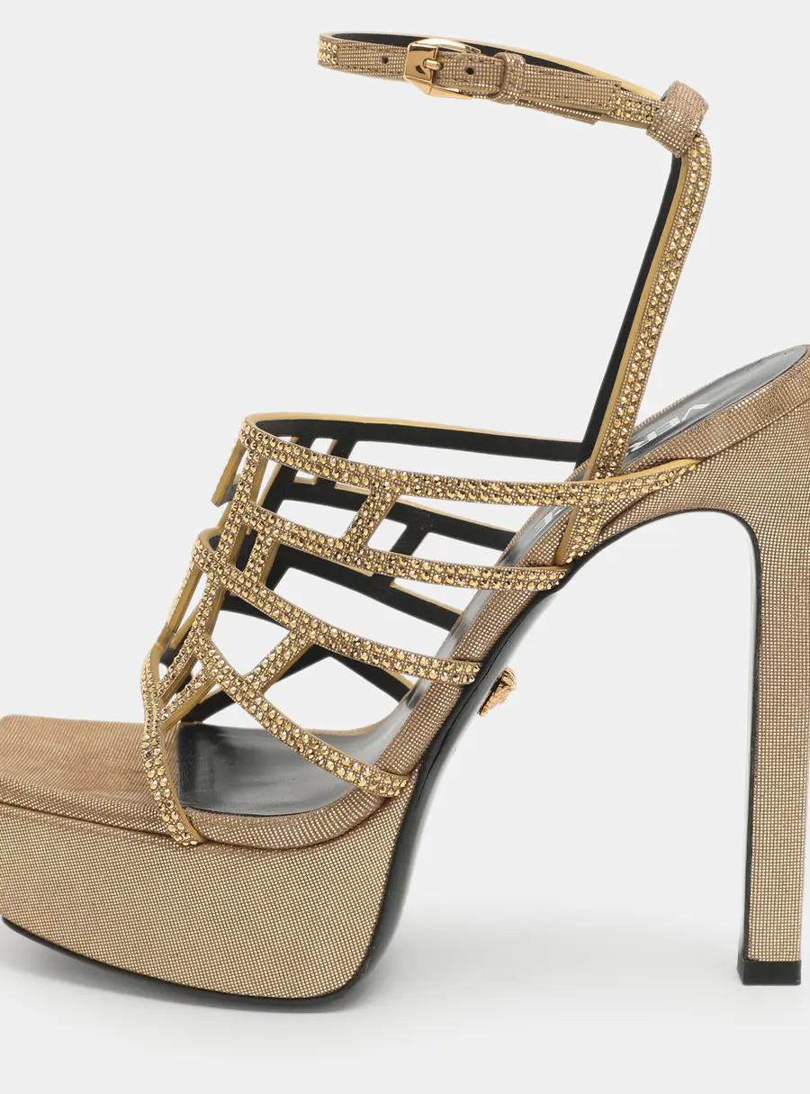Versace Greca Maze Size 38 Gold Leather and Rhinestone Platform Sandals