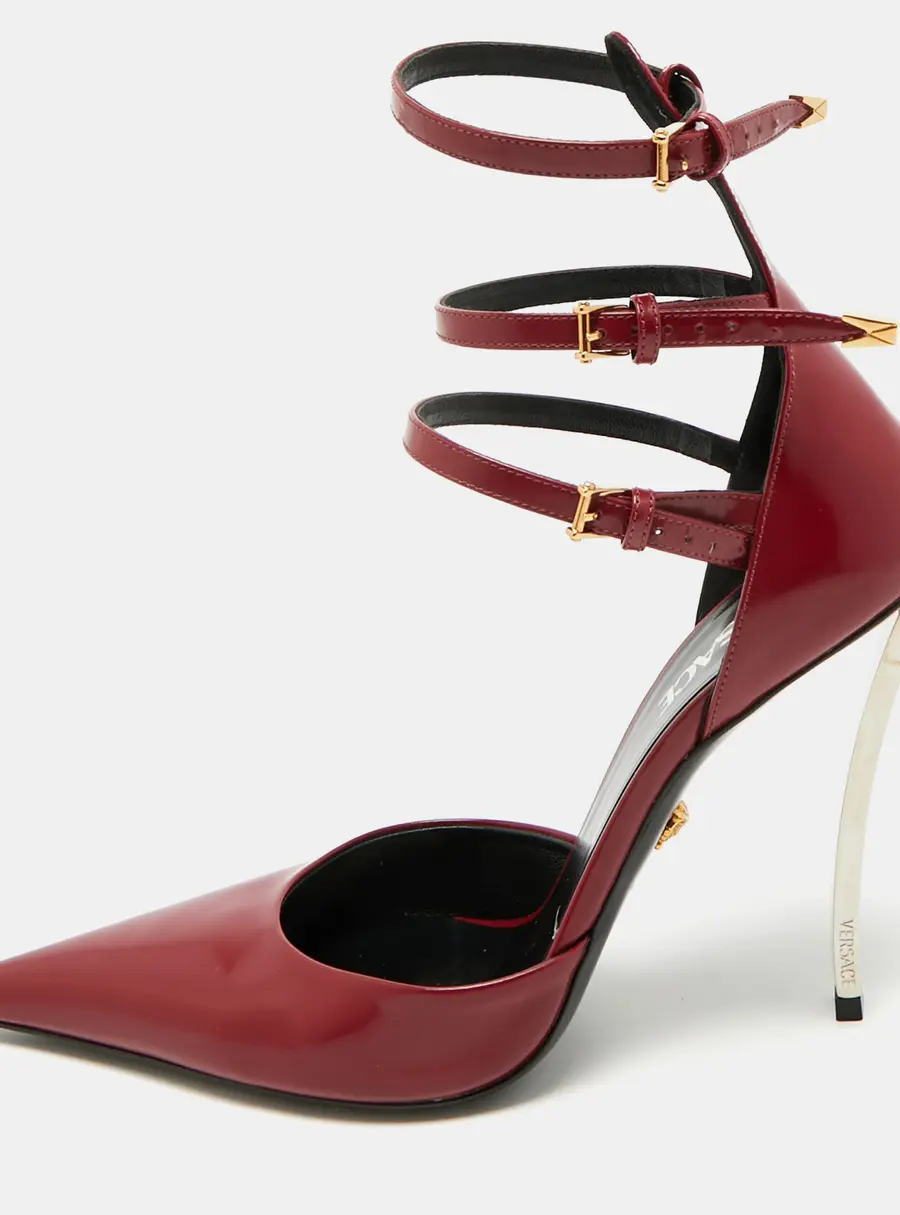 Versace Pin-Point Size 40 Burgundy Brushed Leather Ankle Strap Pumps