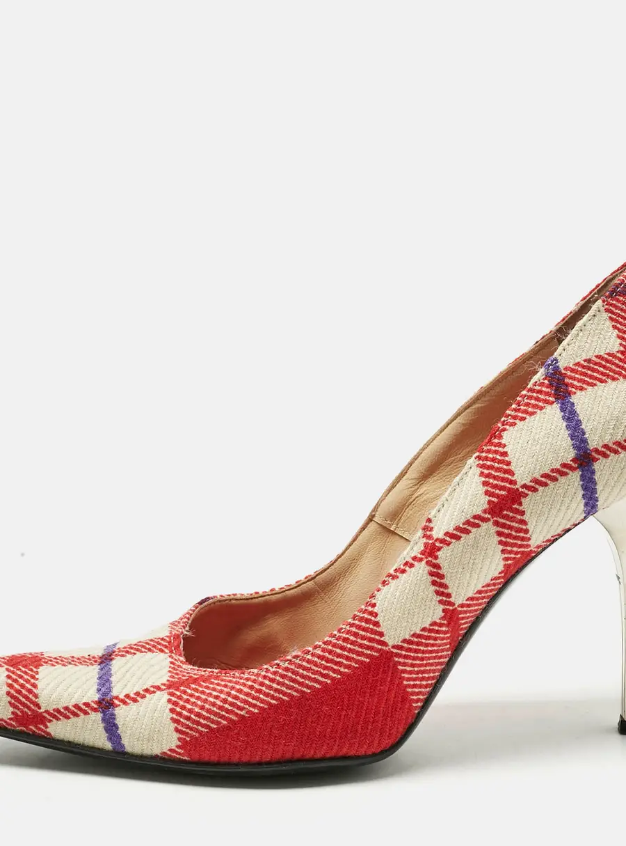 Versace White/Red Plaid Check Fabric Pointed Toe Pumps Size 38