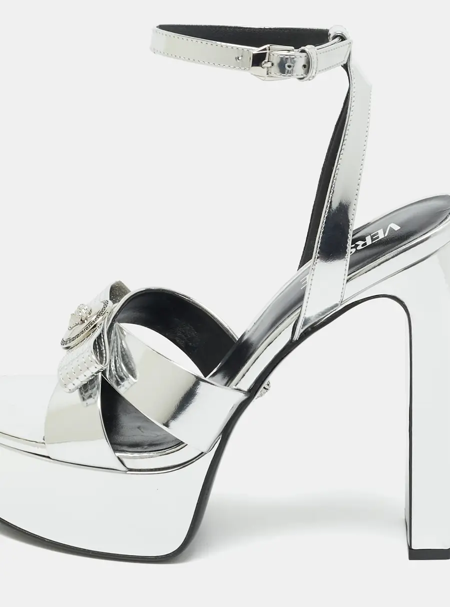 Versace Silver Foil Leather Ankle Strap Platform Sandals Size 40