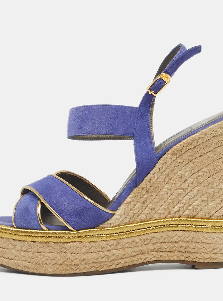 Versace Blue Suede Espadrille Strappy Wedge Sandals Size 39
