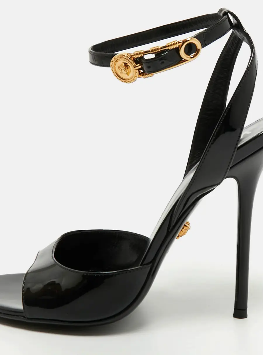 Versace Safety Pin Size 40 Black Patent Leather Ankle Strap Sandals