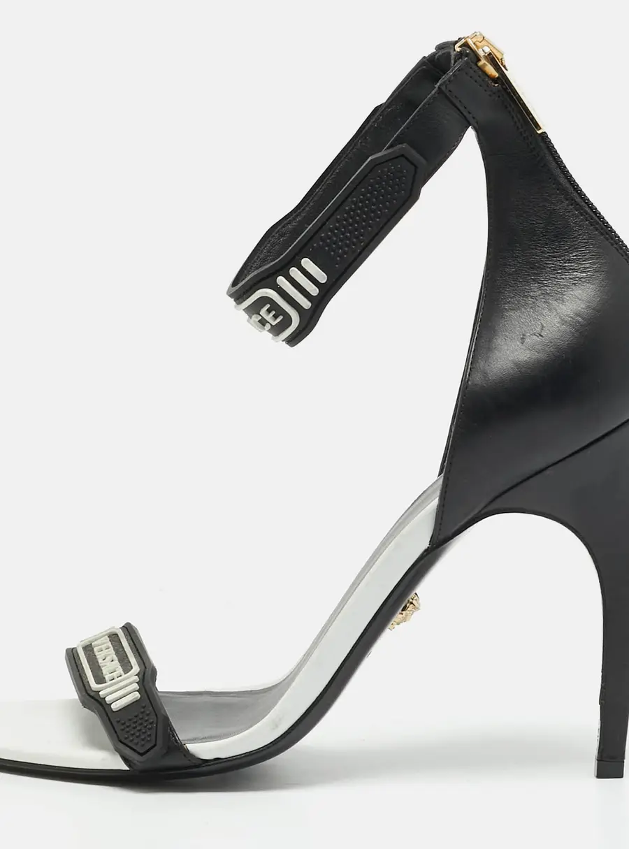 Versace Size 40 Black/White Leather and Rubber Ankle Strap Sandals