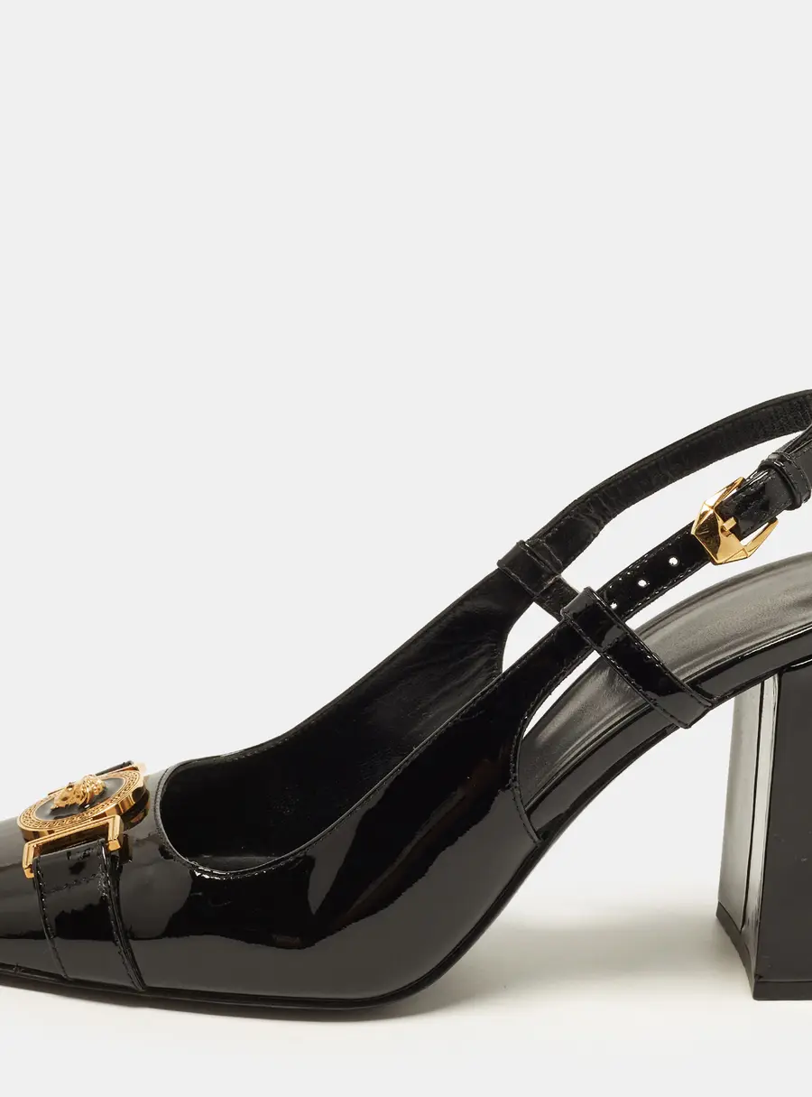 Versace Medusa Size 37 Black Patent Leather Slingback Block Heel Pumps