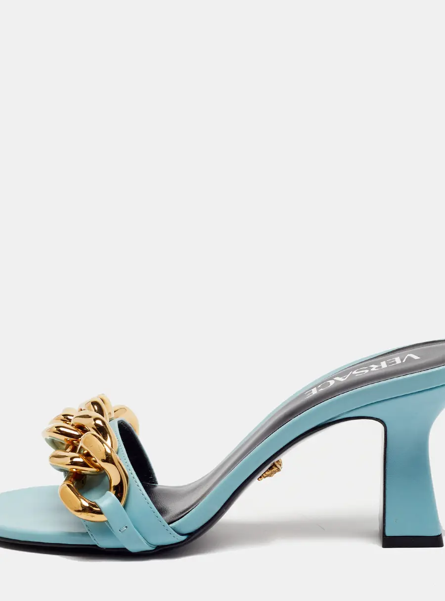Versace Medusa Chain Size 37.5 Blue Leather Slide Sandals