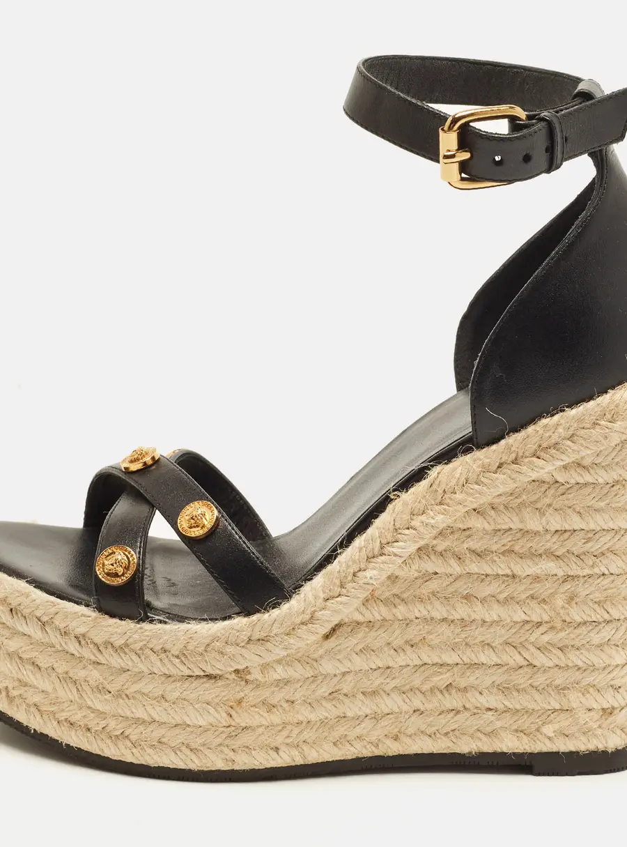 Versace Medusa Size 36 Black Leather Wedge Sandals