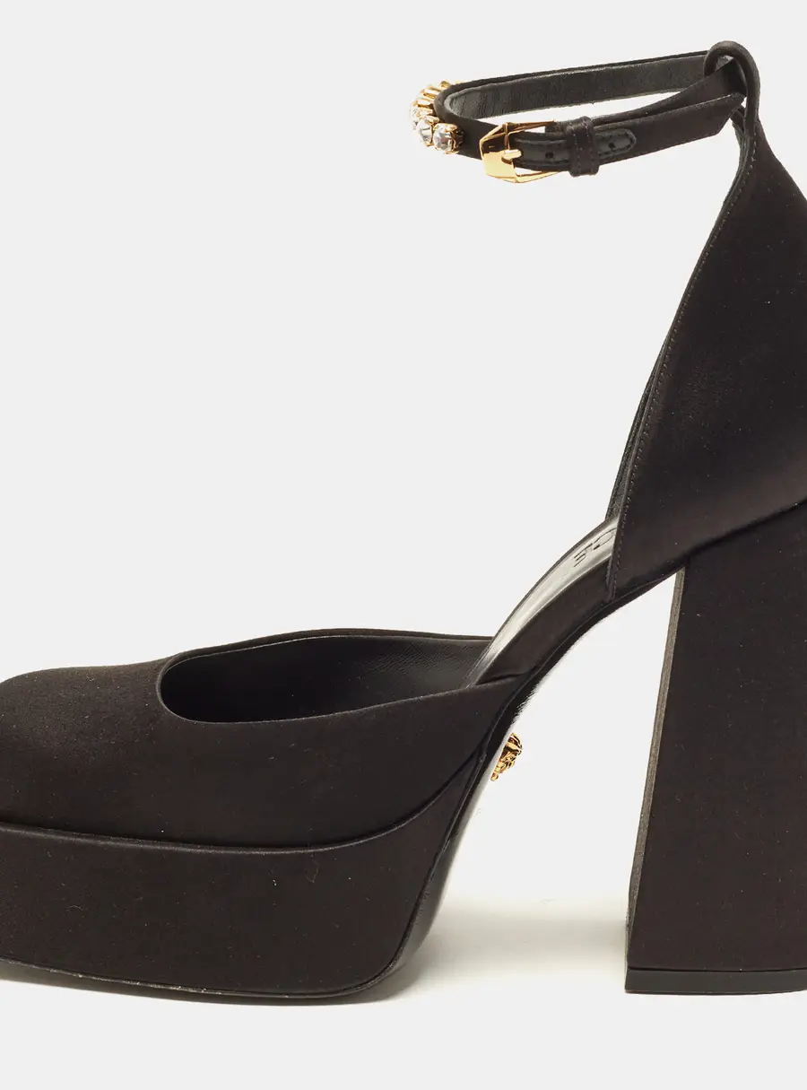 Versace Aevitas Size 40 Black Satin Platform Ankle Strap Pumps