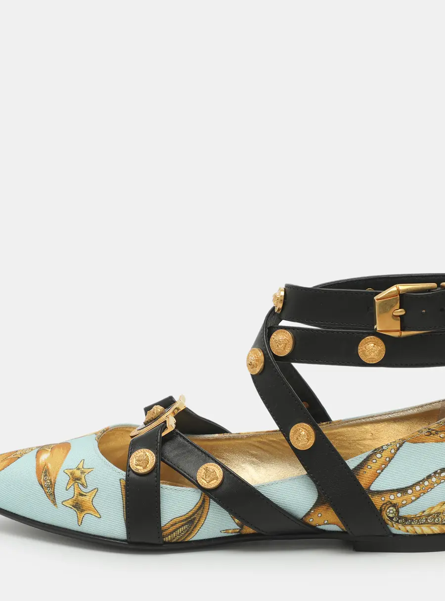 Versace Medusa Embellished Size 37 Multicolor Print Fabric Ankle Strap Ballet Flats
