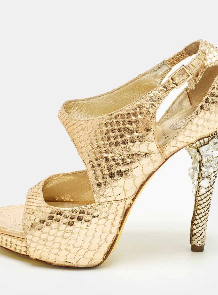 Versace Greca Size 36 Gold Python Embossed Leather Platform Sandals